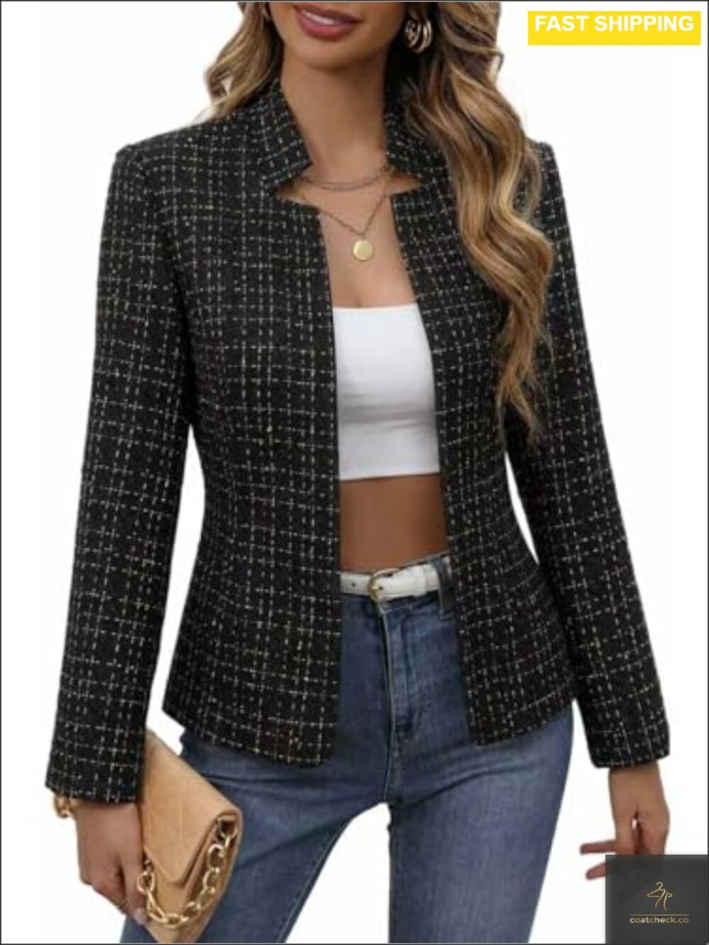 Women's Tweed Plaid Blazer Open Front Fitted Jacket Business Casual